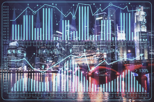 Financial chart on city scape with tall buildings background multi exposure. Analysis concept. © peshkova