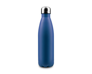 Close-up of reusable, steel thermo eco bottle for water, isolated on white background, color of...