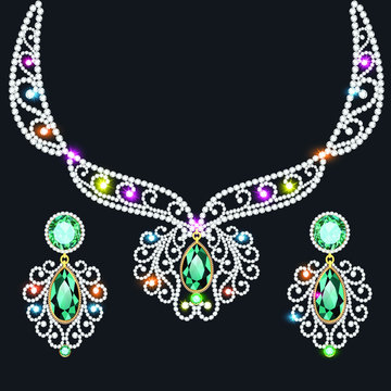 illustration of a Golden necklace and earrings female with white precious stones