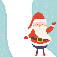 Cartoon illustration for holiday theme with happy Santa Claus on winter background with trees and snow. Greeting card for Merry Christmas and Happy New Year. Vector illustration.