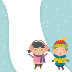 Cartoon illustration for holiday theme with happy children on winter background with trees and snow. Greeting card for Merry Christmas and Happy New Year..Vector illustration.