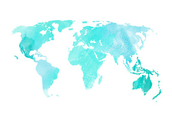 Turquoise World map illustration Blue Watercolor stains texture Travel map