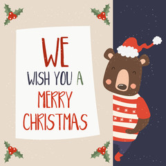 Cartoon illustration for holiday theme with happy bear on winter background with trees and snow. Greeting card for Merry Christmas and Happy New Year. Vector illustration.