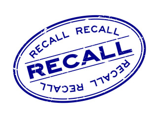 Grunge blue recall word oval rubber seal stamp on white background