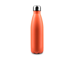 Close-up of reusable, steel thermo eco bottle for water, isolated on white background, color of...