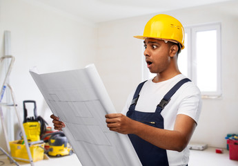 profession, building and repair concept - shocked indian builder or repairman in helmet with...