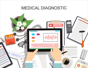 Healthcare, hospital and medical diagnostics concept. Web banner with top view of doctors desk, medical equipment