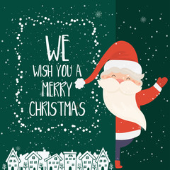 Cartoon illustration for holiday theme with happy Santa Claus on winter background with trees and snow. Greeting card for Merry Christmas and Happy New Year. Art for children postcards, banners.Vector