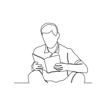 Continuous Line Drawing Of Man Reading Book Vector Illustration