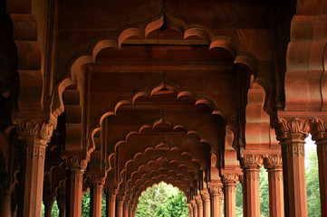 Diwan-i-am arches of Red Fort or Lal Qila in Delhi, India. Architecture of India.