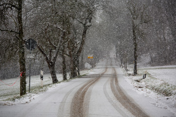 A lonely bavarian road as heavy snow falls on a winter's afternoon