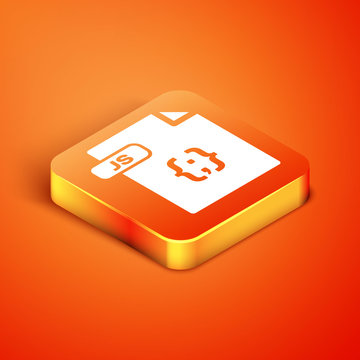 Isometric JS file document. Download js button icon isolated on orange background. JS file symbol. Vector Illustration