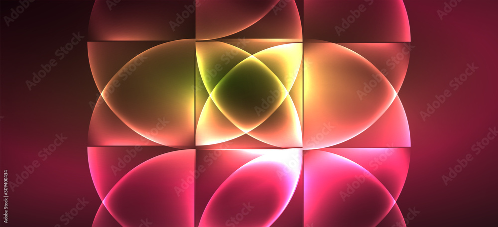 Fototapete techno glowing glass geometric shapes vector background, futuristic dark template with neon light ef