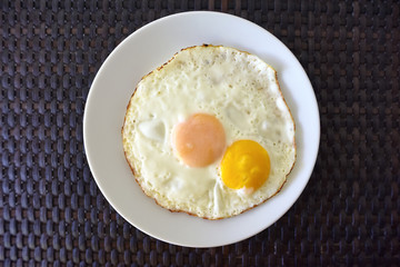 Top view of fried egg with white dish on the table background.