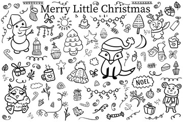 Set Elements and Symbol of the New Year and Christmas. Coloring page, Coloring book. Contour. Hand drawn Doodle Isolated on white. Cartoon style Vector illustration.