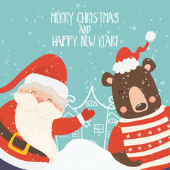 Cartoon illustration for holiday theme with happy Santa Claus and bear on winter background with trees and snow. Greeting card for Merry Christmas and Happy New Year. .Vector illustration.