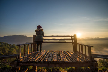 A girl with winter coat at Ban Ja Bo view point, Mae Hong Son (Thailand)