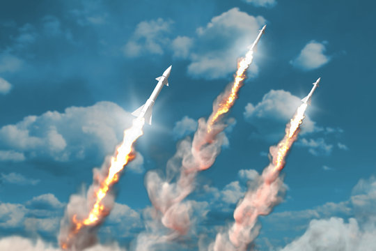 supersonic warheads launch - modern strategic nuclear rocket weapons concept on the sky background, military 3D Illustration