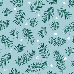 Naklejka na ściany i meble Vector green fir tree branches and snow seamless pattern on light blue background. Christmas and new year simple illustration. Hand-drawn design.