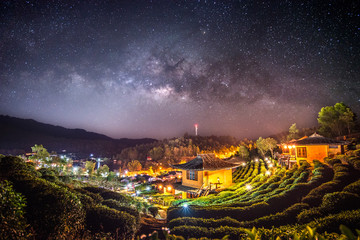 Milky way over Lee Wine Rak Thai resort in Ban Rak Thai village (Mae Hong Son, Thailand)