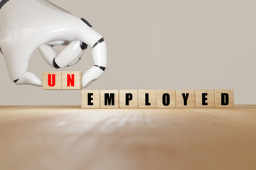 3d rendering robot hand flip wooden cube change from employed to unemployed