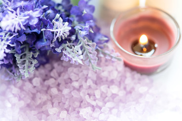 Obraz na płótnie Canvas Spa treatment and product for female spa lavender flower with candle relax and wellness mood. select focus, Thailand. Healthy Concept
