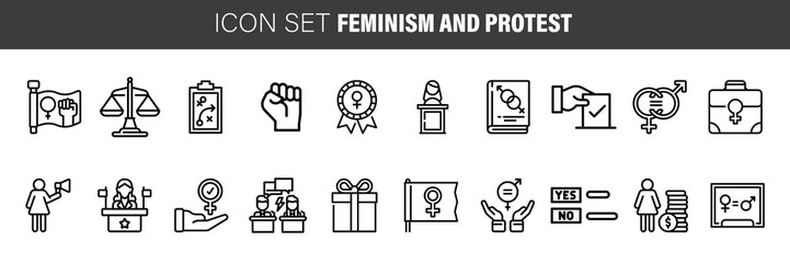Feminism thin line icons set: women's rights, girl power, gender equality, sex dicrimination, me too, protest, girls are strong. Modern vector