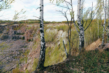 Slice of a sand quarry dunes waves sandstones sky clouds bushes trees green grass texture. Slice of a sand dump quarry dunes waves sand stones sky clouds bushes