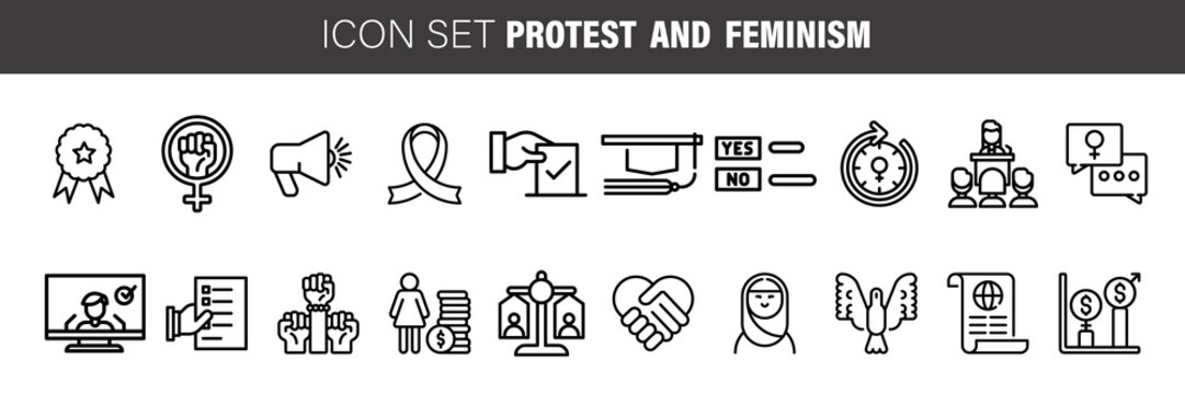 Feminism thin line icons set: women's rights, girl power, gender equality, sex dicrimination, me too, protest, girls are strong. Modern vector