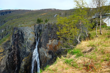View of Voringsfossen waterfall, Mabodalen valley Norway. National tourist Hardangervidda route, Eidfjord, Hardangerfjord, Norway.