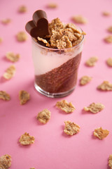 Delicious breakfast, cocoa chia pudding with yogurt and cereals