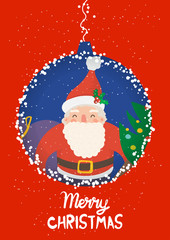 Cartoon illustration for holiday theme with happy Santa Claus on winter background with trees and snow. Greeting card for Merry Christmas and Happy New Year. .Vector illustration.