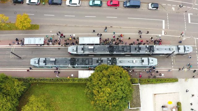 bird i view of the train driving in train station in Freiburg