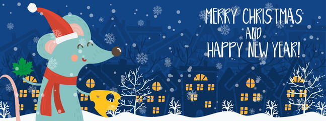 Cartoon illustration for holiday theme with happy rat,symbol of the 2020 year, on winter background with trees and snow. Banner for Merry Christmas and Happy New Year. Vector illustration.