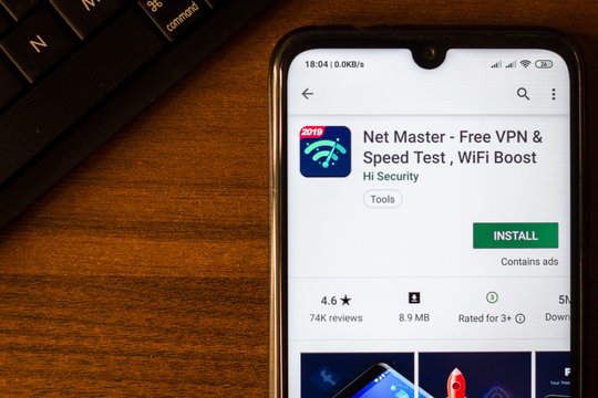 Ivanovsk, Russia - June 26, 2019: Net Master - Free VPN & Speed Test, WiFi Boost app on the display of smartphone.