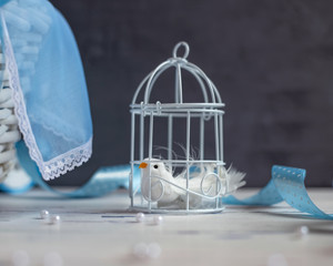 Dummy of small white bird locked in cage among the beautiful interior in blue tones. Reflections on happiness and freedom. Selective focus