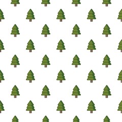 Outline green christmas tree or pine. Minimalistic icon, logo. Colored Vector seamless pattern. Cartoon style, simple flat design. Trendy illustration.  White background. Equal interval
