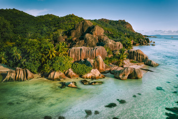 Anse Source D argent beautiful famous beach at La Digue Island, Seychelles. Aerial drone photo from above