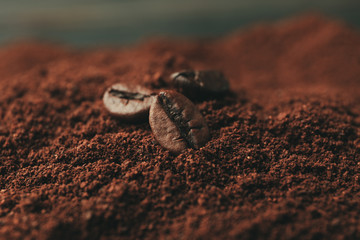 Coffee beans on heap of powder, close up and space for text