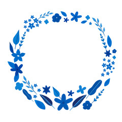 Gouache hand drawn abstract floral wreath in modern style. Copy space. Isolated floral wreath on white background. Perfect for logo, text, greetings card. Trendy blue color.