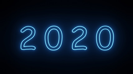 Close up view of neon light 2020 number on black background. New Year Sign. Blue.