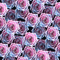 Seamless pattern of blue and pink colored metallic roses