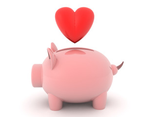 3D Rendering of pink piggy bank with red heart above it