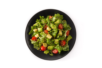 Salad with avocado, lettuce, tomato, flax seeds isolated on white background top view 