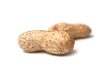 closeup of two organic peanuts on white background