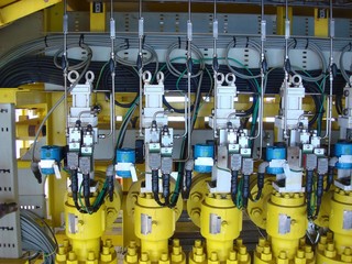 Hydraulic choke or throttle valves ninety degree angle valve type at oil and gas wellhead remote...