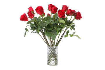 Vase with bouquet of red rose isolated on white background