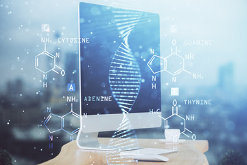 Desktop computer background and DNA drawing. Double exposure. Science concept.