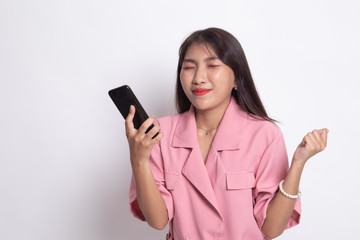 Fototapeta premium Happy Young Asian woman with mobile phone.