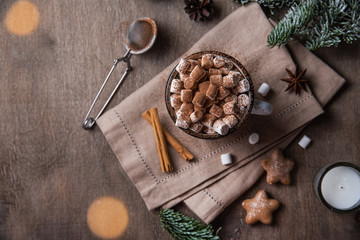  cup of cocoa and marshmallow with gingerbread and cinnamon on wood background